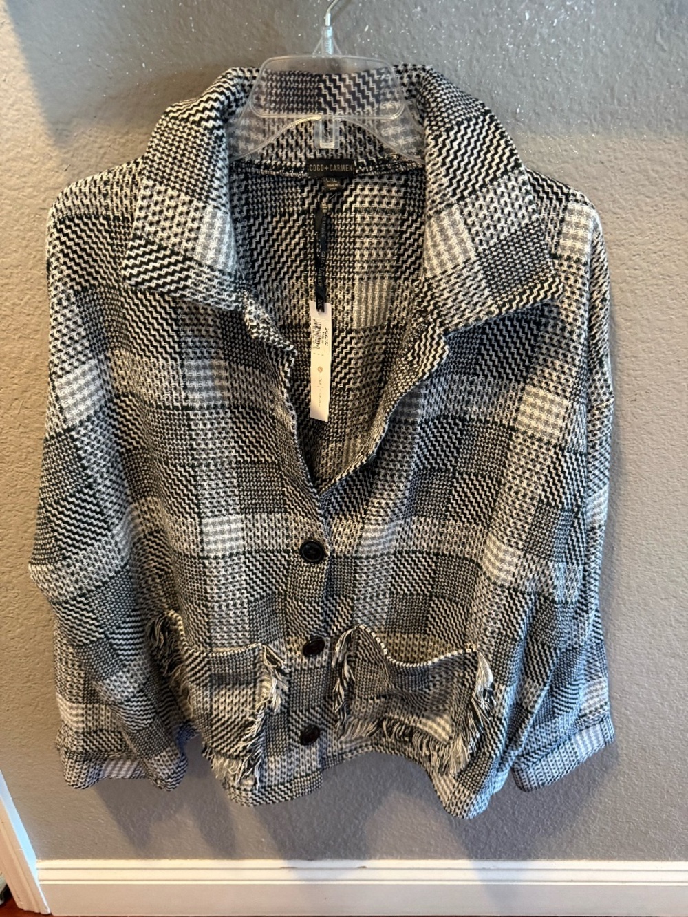 Coco + Carmen L/XL NWT Black White Plaid Oversized Shacket Fringe Pockets